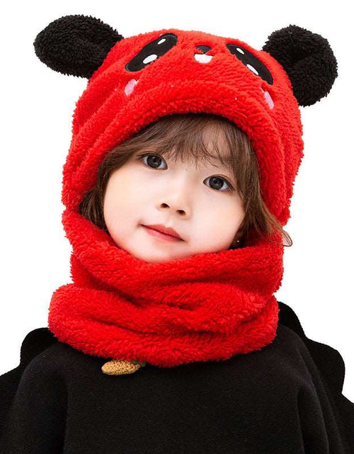 Load image into Gallery viewer, Winter boys and girls bib hat one-piece baby hat ear protection panda head hat Red 3 to 10 years old
