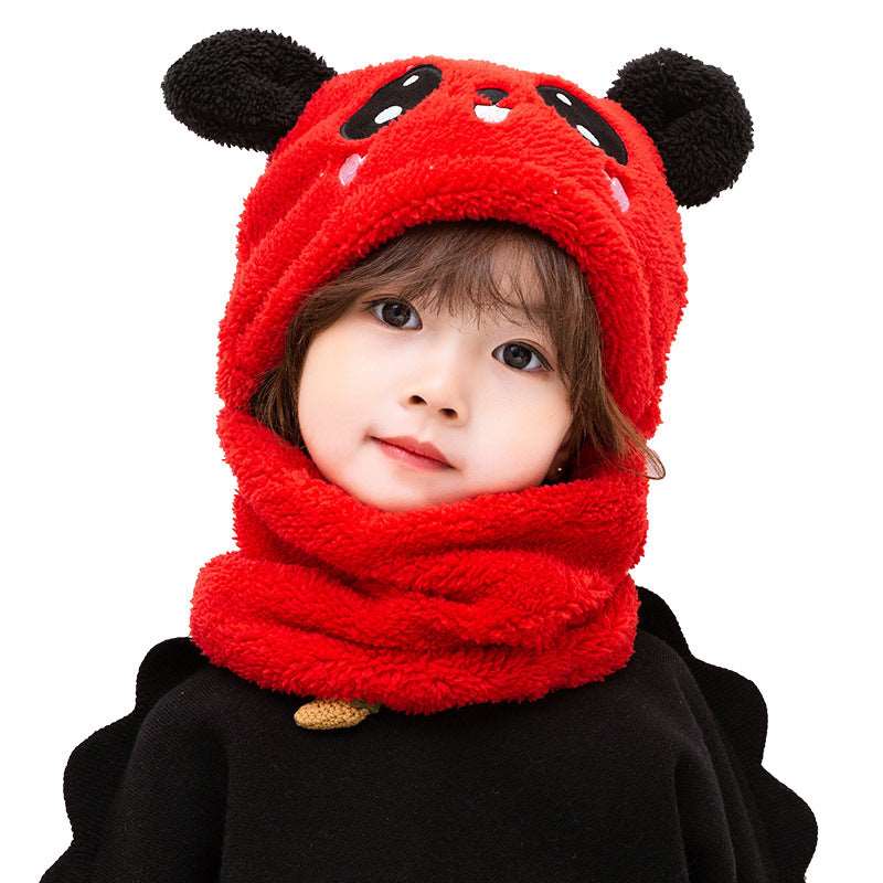 Winter boys and girls bib hat one-piece baby hat ear protection panda head hat Red 3 to 10 years old