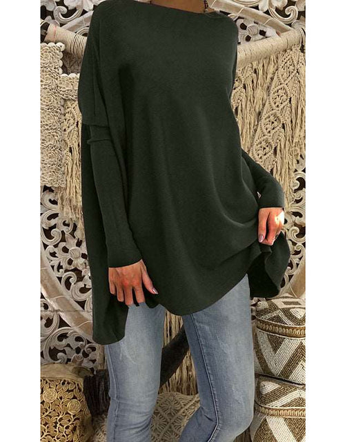 Load image into Gallery viewer, Cozy Chic: Women&#39;s Fluffy Tie Top T-shirt – Street Style Round Neck, Horn Long Sleeve, and Loose Fit in Cotton Comfort Green
