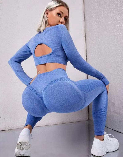 Load image into Gallery viewer, Elevate Your Workout: 2pcs Sports Suits with Long Sleeve Hollow Design Tops and Butt Lifting High Waist Seamless Fitness Leggings - Stylish Gym Sportswear Outfits Blue
