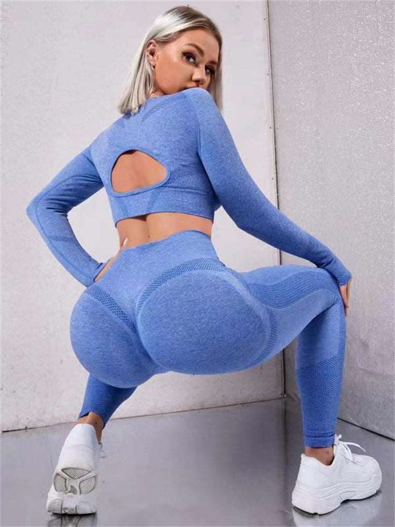 Elevate Your Workout: 2pcs Sports Suits with Long Sleeve Hollow Design Tops and Butt Lifting High Waist Seamless Fitness Leggings - Stylish Gym Sportswear Outfits Blue