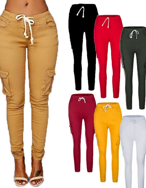 Load image into Gallery viewer, Versatile Chic: Women&#39;s Mid-Waisted Cotton Tight-Fit Casual Pants with Multiple Pockets
