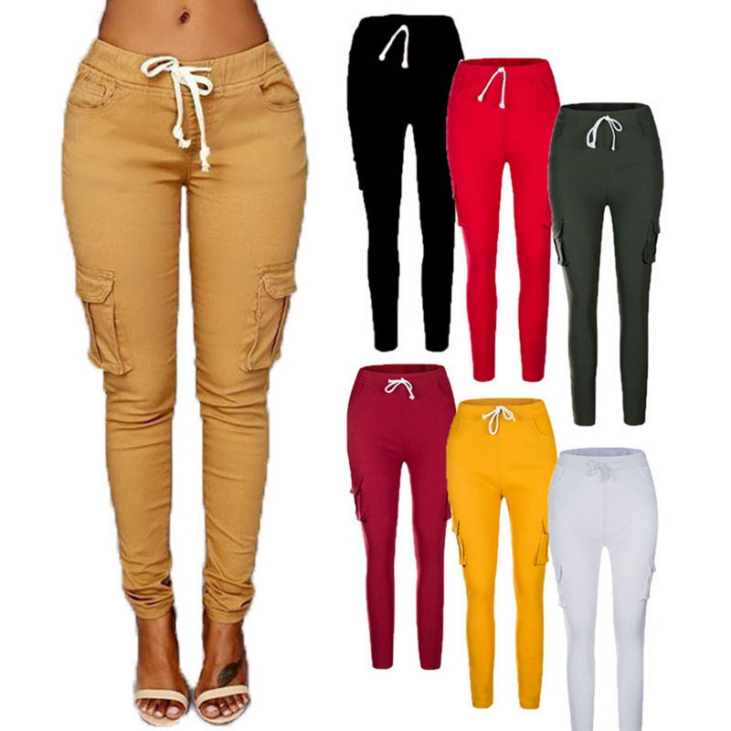 Versatile Chic: Women's Mid-Waisted Cotton Tight-Fit Casual Pants with Multiple Pockets