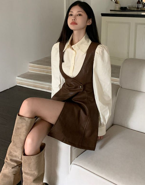 Load image into Gallery viewer, Women&#39;s Fashion Puff Lantern Sleeve Shirt And Chenille Style Leather Short Skirt
