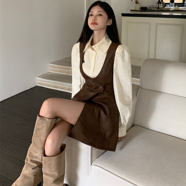 Women's Fashion Puff Lantern Sleeve Shirt And Chenille Style Leather Short Skirt