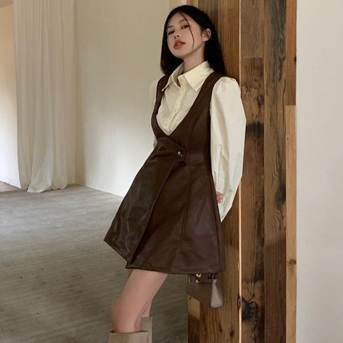 Load image into Gallery viewer, Women&#39;s Fashion Puff Lantern Sleeve Shirt And Chenille Style Leather Short Skirt
