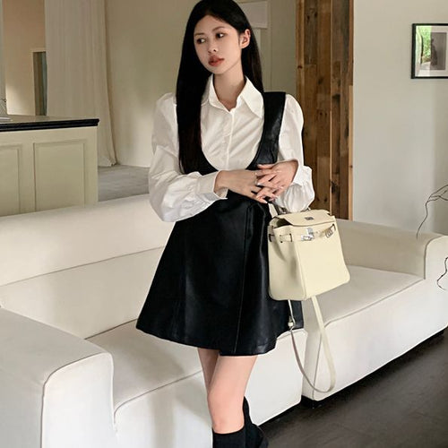 Load image into Gallery viewer, Women&#39;s Fashion Puff Lantern Sleeve Shirt And Chenille Style Leather Short Skirt
