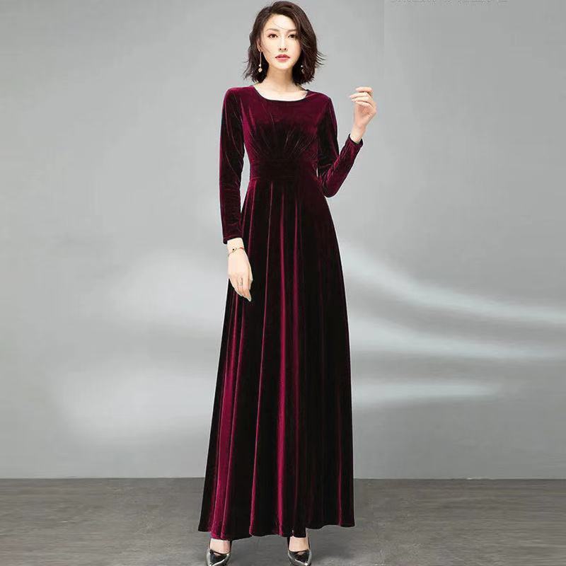 Pleuche Long Sleeve Dress Waist-tight Elegant Big Hem