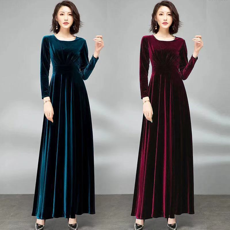 Pleuche Long Sleeve Dress Waist-tight Elegant Big Hem