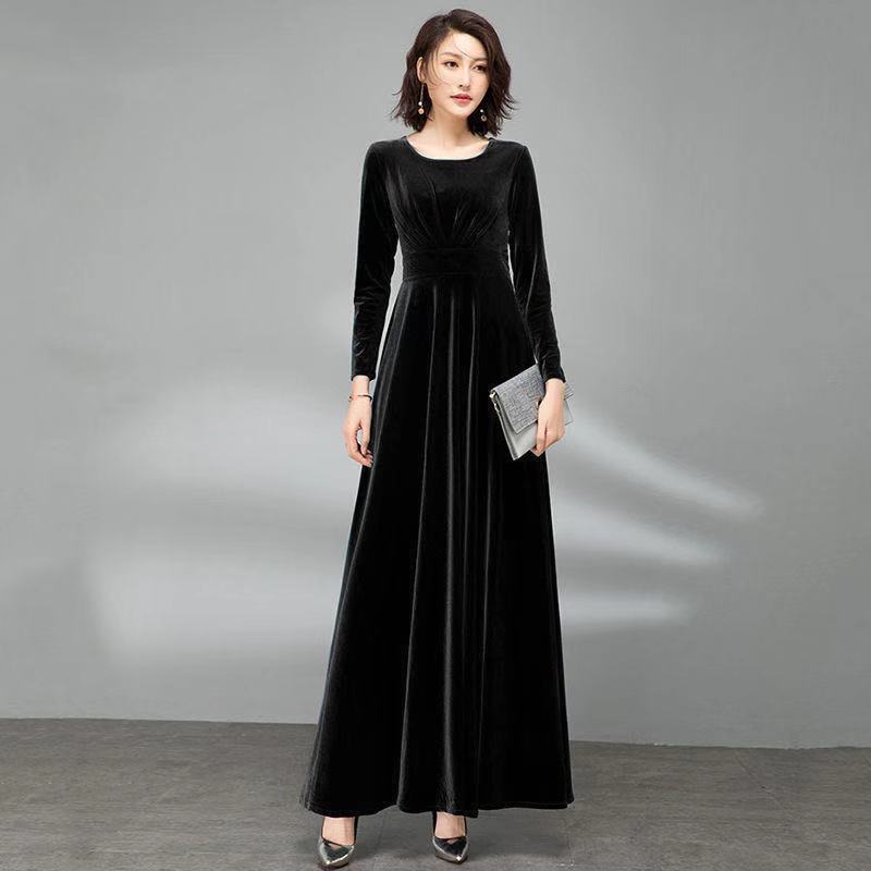 Pleuche Long Sleeve Dress Waist-tight Elegant Big Hem