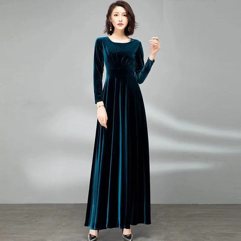 Pleuche Long Sleeve Dress Waist-tight Elegant Big Hem