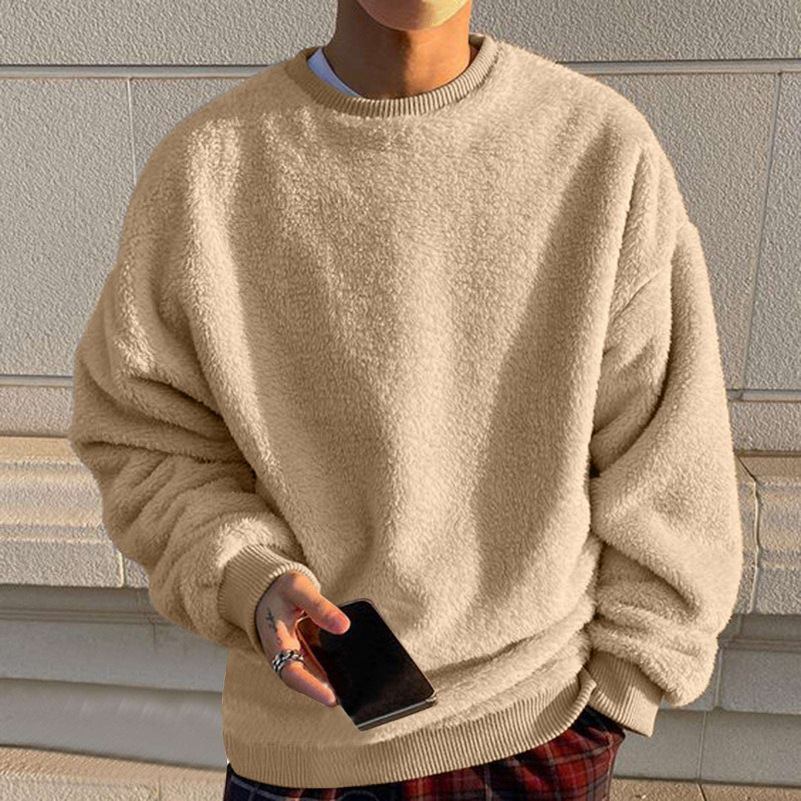 Men's Round Neck Pullover Pocket Long Sleeve Double-sided Velvet