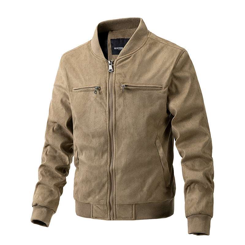 Suede Stand Collar Men's Jacket Double Zipper Pocket