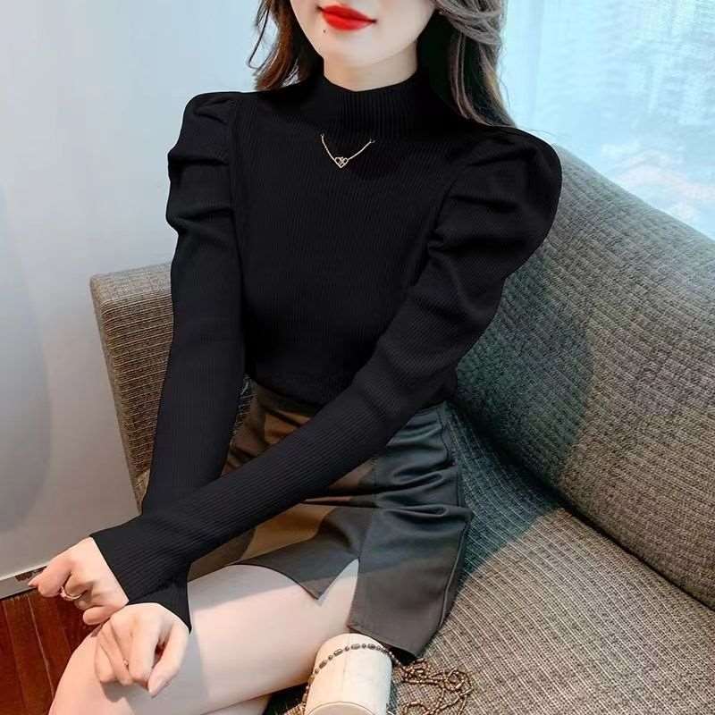 Art retro Silk Fiber Solid Plain Color Pullover Fashion Slim Style Puff Sleeve Sweater Half Turtleneck Slim Fit