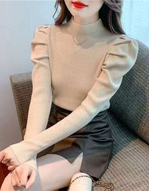 Load image into Gallery viewer, Art retro Silk Fiber Solid Plain Color Pullover Fashion Slim Style Puff Sleeve Sweater Half Turtleneck Slim Fit
