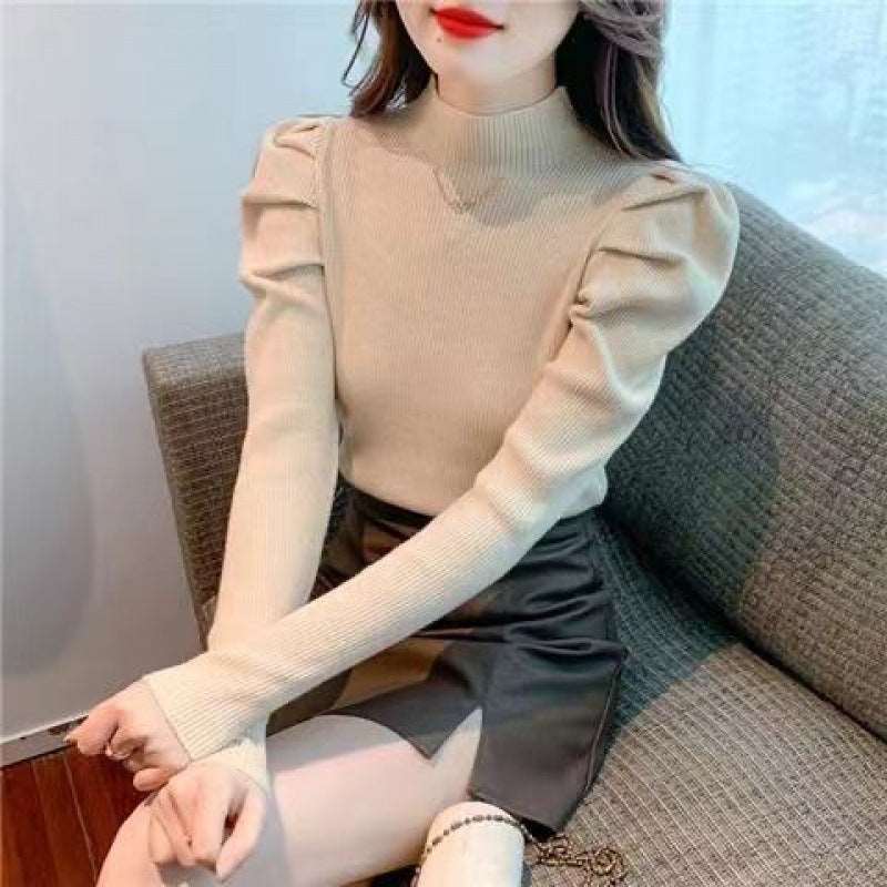 Art retro Silk Fiber Solid Plain Color Pullover Fashion Slim Style Puff Sleeve Sweater Half Turtleneck Slim Fit