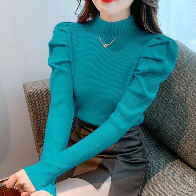 Art retro Silk Fiber Solid Plain Color Pullover Fashion Slim Style Puff Sleeve Sweater Half Turtleneck Slim Fit