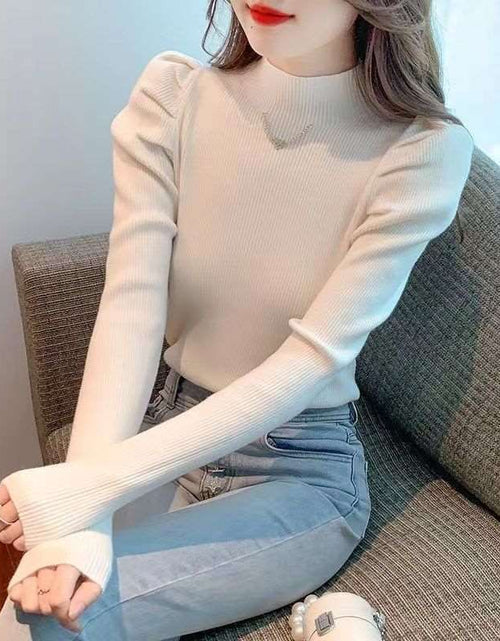 Load image into Gallery viewer, Art retro Silk Fiber Solid Plain Color Pullover Fashion Slim Style Puff Sleeve Sweater Half Turtleneck Slim Fit
