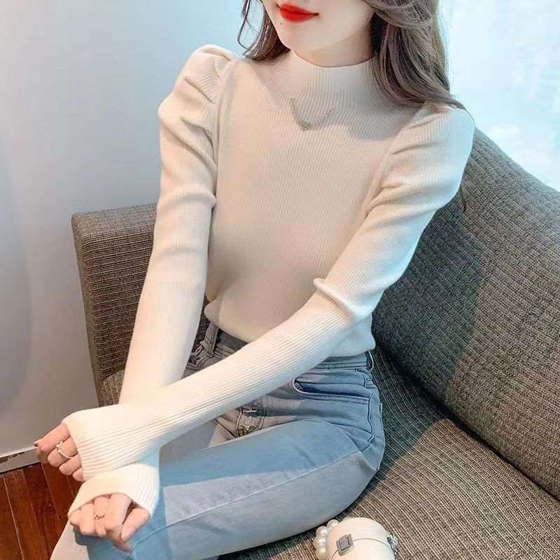 Art retro Silk Fiber Solid Plain Color Pullover Fashion Slim Style Puff Sleeve Sweater Half Turtleneck Slim Fit