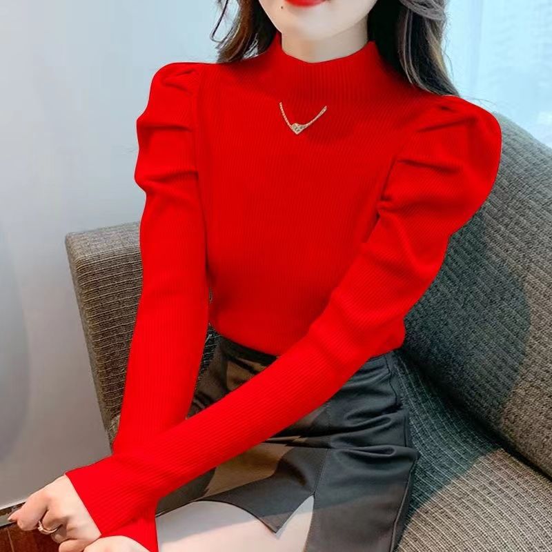 Art retro Silk Fiber Solid Plain Color Pullover Fashion Slim Style Puff Sleeve Sweater Half Turtleneck Slim Fit