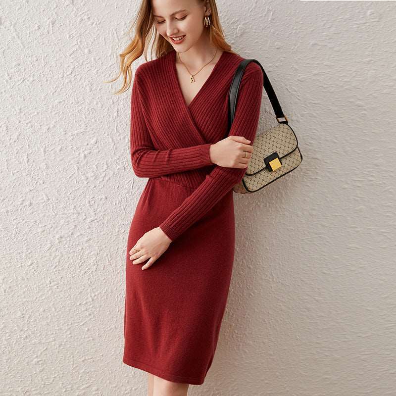 Cashmere V-neck Mid-length Pullover Commute Style Fashion Wool Dress