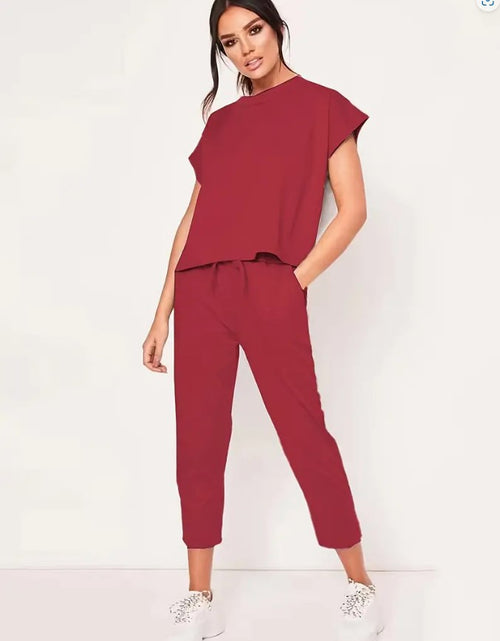 Load image into Gallery viewer, Effortless Casual Set: Short Sleeve Round Neck Top and Drawstring Cropped Pants - Simple, Basic, and Comfortable for Everyday Wear Brick Red
