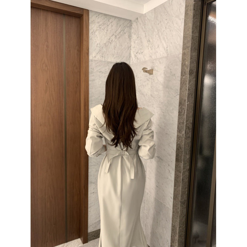 A-Line Solid Color One Size Mid Waist Long Sleeve Short Skirt Slimming Puff Sleeve Elegant Young Self-tie Dress Women