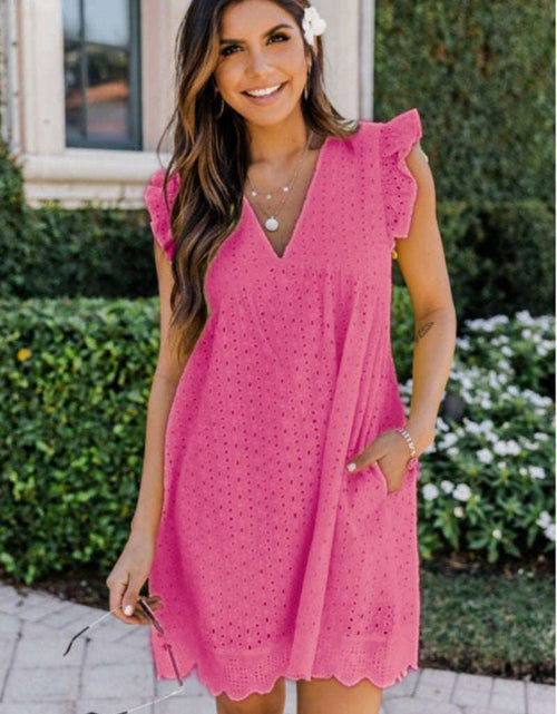 Load image into Gallery viewer, Elevate Your Summer Style: Sleeveless Lace Beach Dress with Jacquard Cutout, V-Neck, and Convenient Pockets Rose Red
