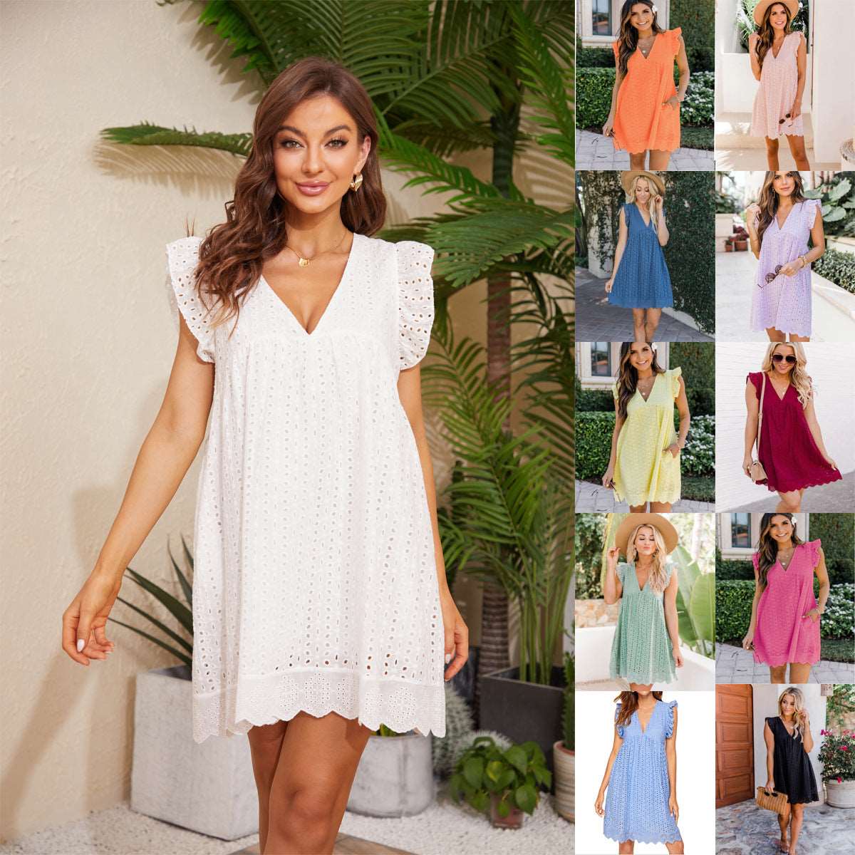 Elevate Your Summer Style: Sleeveless Lace Beach Dress with Jacquard Cutout, V-Neck, and Convenient Pockets