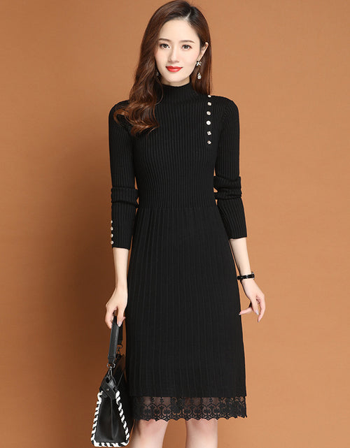 Load image into Gallery viewer, Cotton A-line Long Semi High Neck Lace Bottomed Sweater Skirt One Size Black One size
