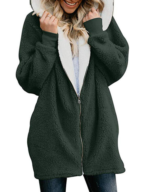 Load image into Gallery viewer, Plain Color Simple Style Hooded zipper cardigan fur coat plush sweater green
