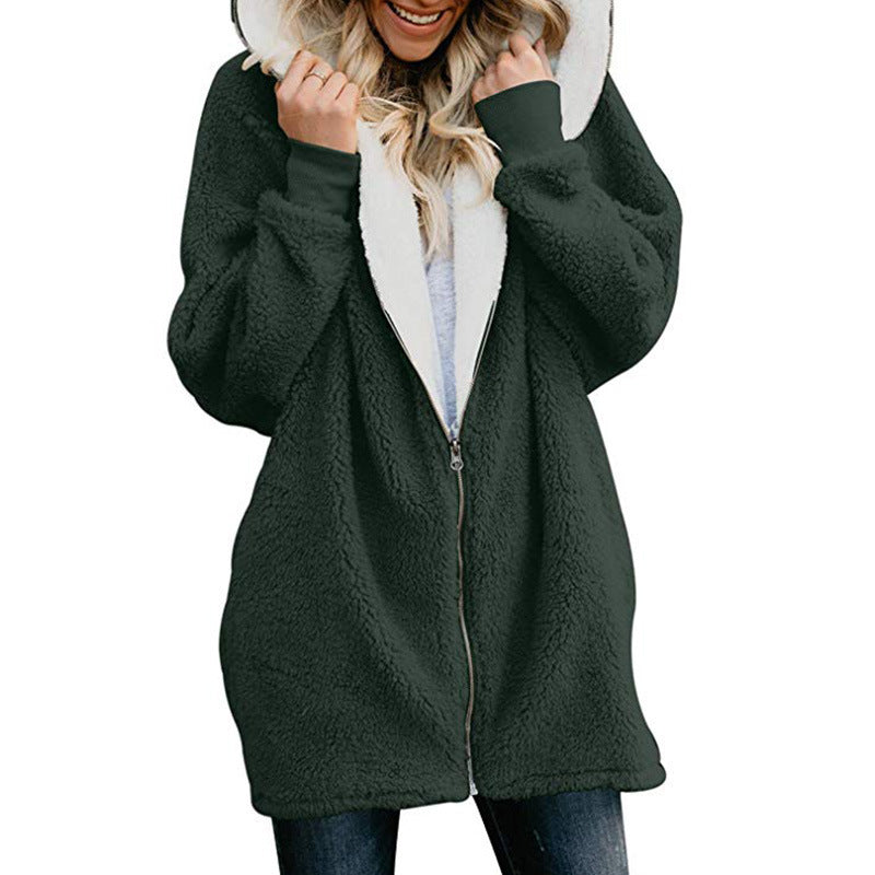 Plain Color Simple Style Hooded zipper cardigan fur coat plush sweater green