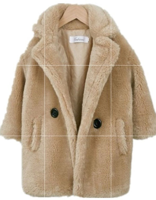 Load image into Gallery viewer, Long sleeve Cashmere medium length plain color Fur children&#39;s wear Lapel cashmere coat Beige
