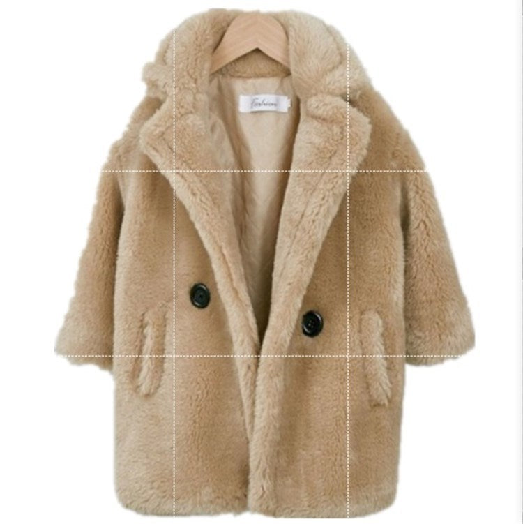 Long sleeve Cashmere medium length plain color Fur children's wear Lapel cashmere coat Beige