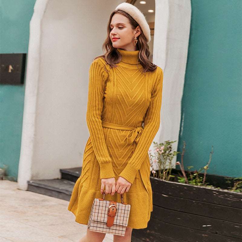 Elegant Style Single piece Mid-length Lotus Skirt Pure color knitted dress Yellow