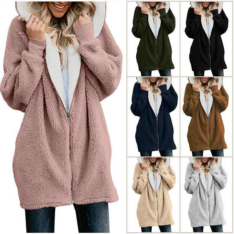 Plain Color Simple Style Hooded zipper cardigan fur coat plush sweater