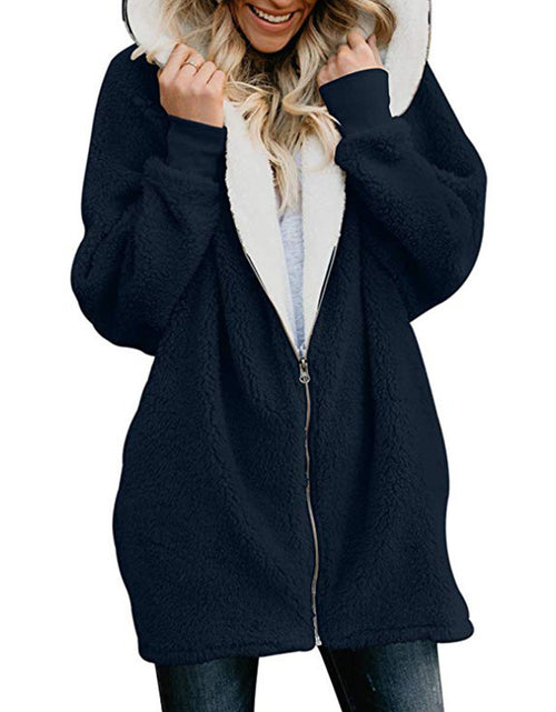 Load image into Gallery viewer, Plain Color Simple Style Hooded zipper cardigan fur coat plush sweater Tibetan blue
