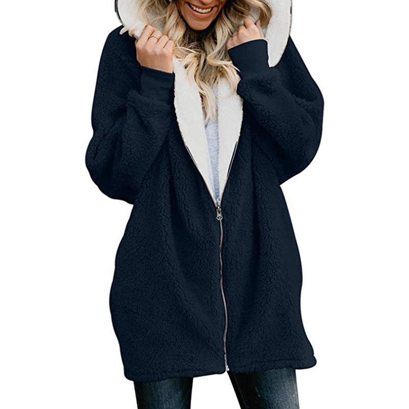 Plain Color Simple Style Hooded zipper cardigan fur coat plush sweater Tibetan blue