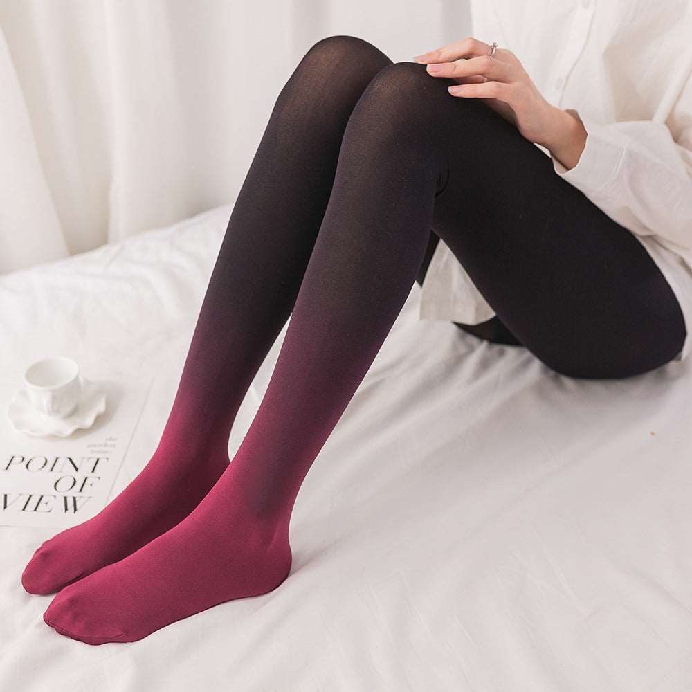 Chic Ombre Allure: Gradient Transition Color Pantyhose Velvet Bottom Socks Wine Red One size