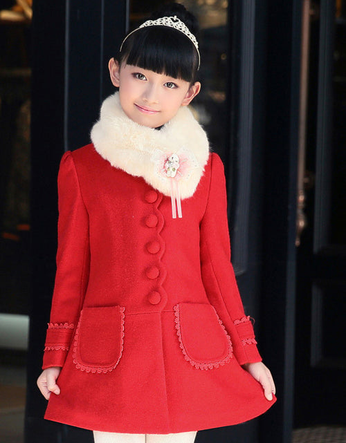 Load image into Gallery viewer, Girl long sleeve formal elegant fur collar coat Red
