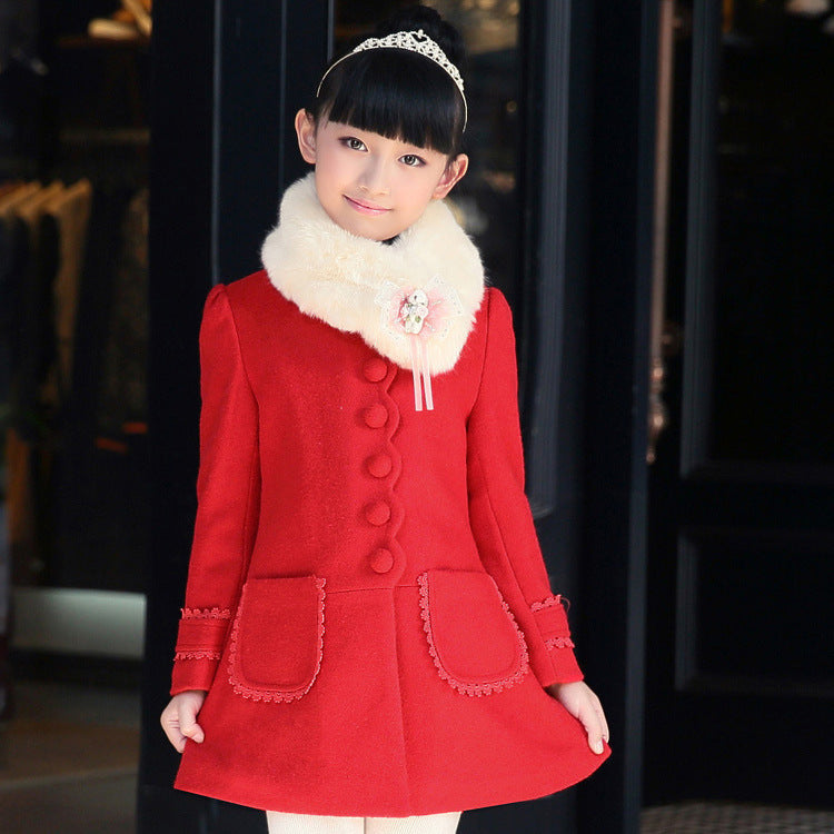 Girl long sleeve formal elegant fur collar coat Red