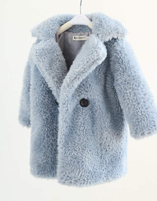 Load image into Gallery viewer, Long sleeve Cashmere medium length plain color Fur children&#39;s wear Lapel cashmere coat Blue
