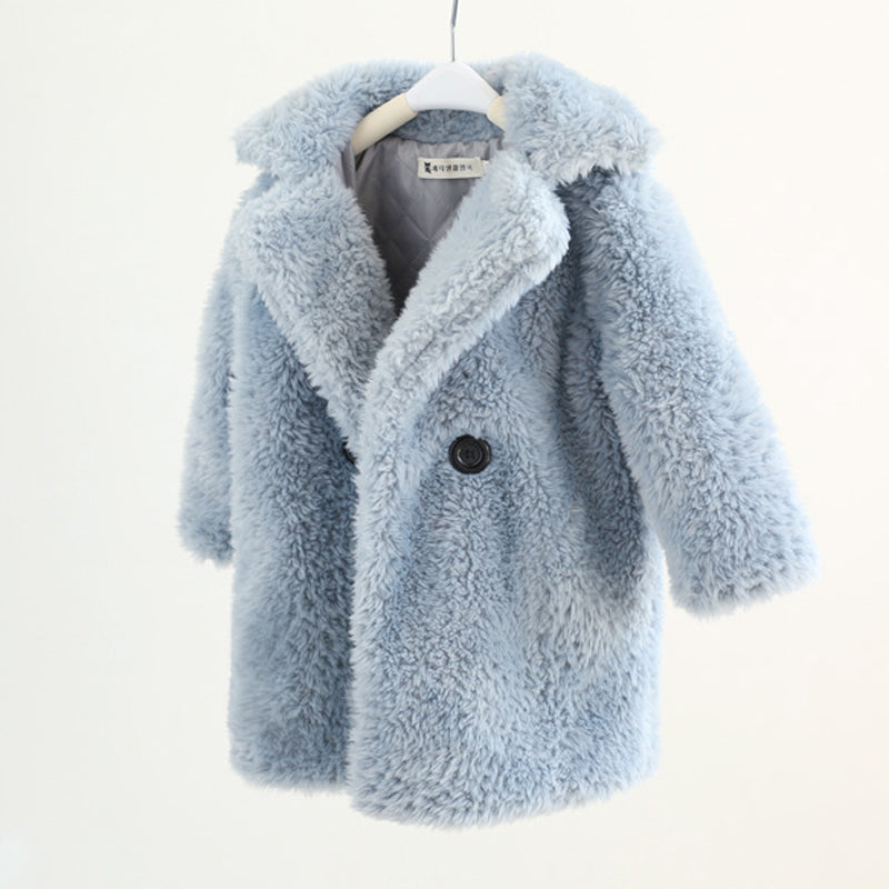 Long sleeve Cashmere medium length plain color Fur children's wear Lapel cashmere coat Blue