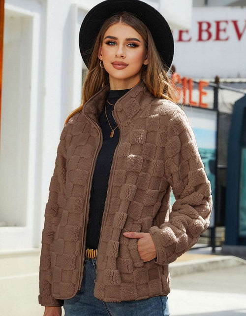 Load image into Gallery viewer, Stand-up Collar Plush Jacket Winter Long-sleeved Loose Zipper Cardigan Fashion Solid Color Checkerboard Design Coat Women Outwear Khaki
