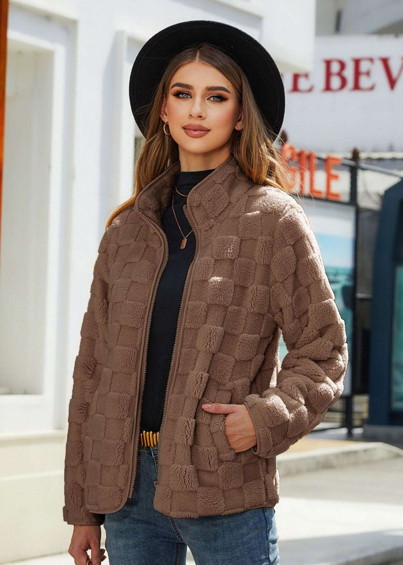 Stand-up Collar Plush Jacket Winter Long-sleeved Loose Zipper Cardigan Fashion Solid Color Checkerboard Design Coat Women Outwear Khaki