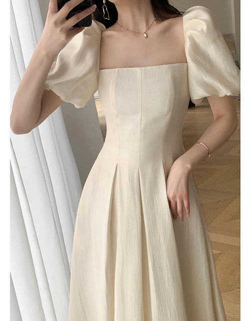 Load image into Gallery viewer, Square Collar French Tea Break High Waist-tight Puff Sleeve Gentle Sweet, Fresh, Princess Style Solid Beige Color Long Dress
