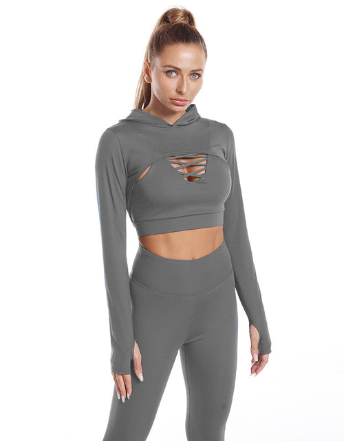 Load image into Gallery viewer, Ultimate Fitness Trio: 3pcs Sports Suits with Long Sleeve Hooded Top, Hollow Design Camisole, and Butt Lifting High Waist Seamless Fitness Leggings - Gym-Ready Outfits Grey 3PCS Set
