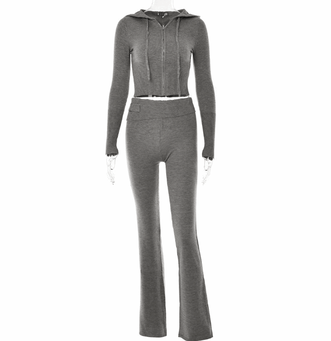 Leisure Chic: Hoodie Knitting Suit with Sexy Zip Long Sleeve Sweater and High Waist Long Pants Set for Women - Trendy Comfort in Every Detail Grey suit