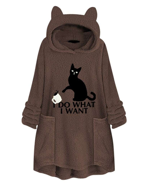 Load image into Gallery viewer, Hooded Pullover Cat Print Long Sleeved Reversible Velvet Brushed Comfortable Hooded Collar Sweater Coffee
