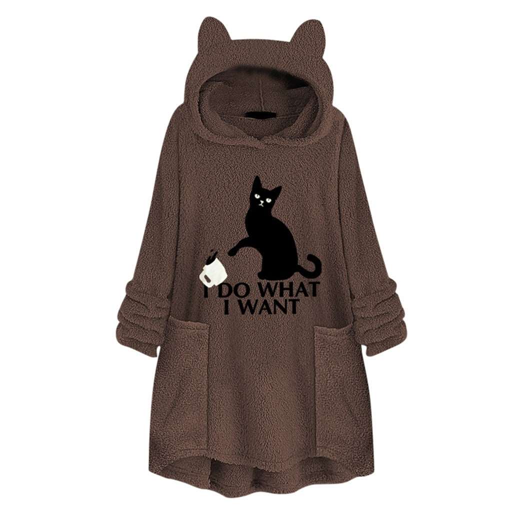 Hooded Pullover Cat Print Long Sleeved Reversible Velvet Brushed Comfortable Hooded Collar Sweater Coffee